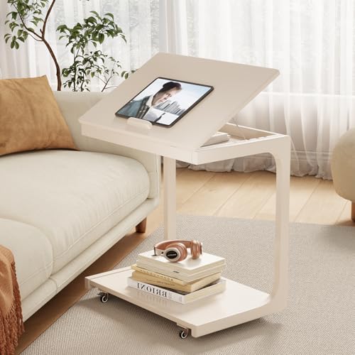AQIMUELE Wooden C-Shaped End Table,Couch Table with Adjustable Desktop,Small Rolling Side Table with 2 Lockable Wheels 23.6" Width,Small End Table for Couch, Living Room,Bedroom (White) - color: White, size: 15.6"D x 23.6"W x 24.8"H, style: Modern 2 Tier