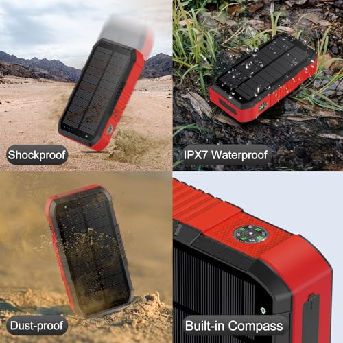 Solar Power Bank 66800mAh Built in Hand Crank and 4 Cables 22.5W Fast Charge,Camping Essentials/SOS/Strobe/Strong Flashlights,Compass Solar Portable Charger Power Bank (Red) - color: red
