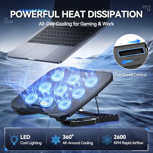 TECKNET Laptop Cooling Pad with Phone Stand, Laptop Cooler for 12-17.3 Inch | Stepless Speed Control to 2600 RPM, 360° All-Around Cooling, Whisper-Quiet Design, 5-Level Heights, Dual USB Ports