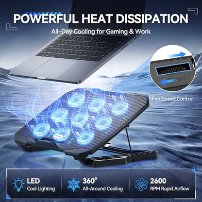 TECKNET Laptop Cooling Pad with Phone Stand, Laptop Cooler for 12-17.3 Inch | Stepless Speed Control to 2600 RPM, 360° All-Around Cooling, Whisper-Quiet Design, 5-Level Heights, Dual USB Ports