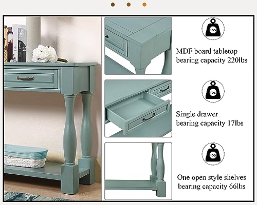 63.4" Solid Wood Console Table with Drawers,Farmhouse Entryway Table | 63.4" Sofa Table with Storage Drawers and Shelf;Solid Wood Entryway Table for Hallway,Foyer,Easy Assembled, Retro Green - color: Green