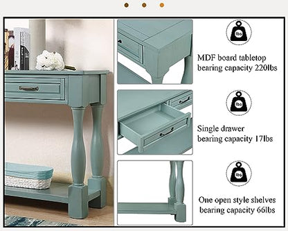 63.4" Solid Wood Console Table with Drawers,Farmhouse Entryway Table | 63.4" Sofa Table with Storage Drawers and Shelf;Solid Wood Entryway Table for Hallway,Foyer,Easy Assembled, Retro Green - color: Green