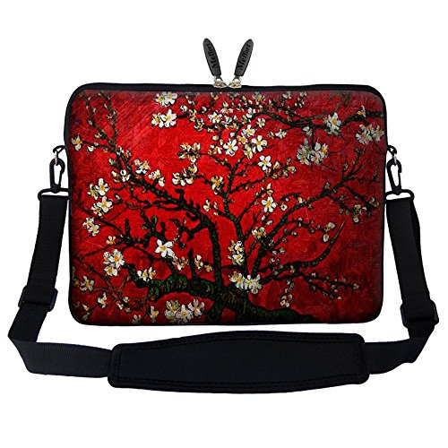 Meffort Inc 14 14.1 Inch Neoprene Laptop Sleeve Bag Carrying Case with Hidden Handle and Adjustable Shoulder Strap (Vincent Van Gogh Cherry Blossom) - color: Vincent Van Gogh Cherry Blossom