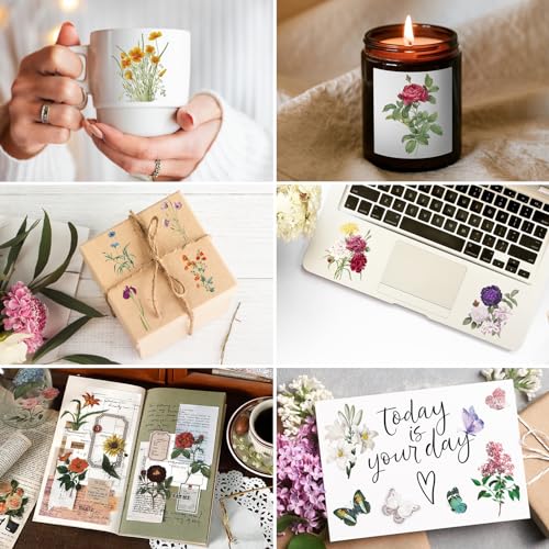 Knaid 100 Pieces Vintage Flower Stickers Set - Big 3.4" Waterproof Clear Botanical Floral Journaling Sticker for Scrapbooking Junk Journal Supplies Bullet Journals Planner Collage Laptop Paper Crafts