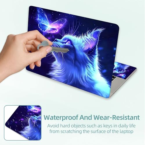 Universal Laptop Skin Decal, 3-Piece Vinyl Protector for 12 13 14 15.6" Notebook, Waterproof Anti-Scratch, Easy Trim & Bubble-Free Finish, Blue Butterfly and Luminescent Cat - color: Blue Butterfly and Luminescent Cat