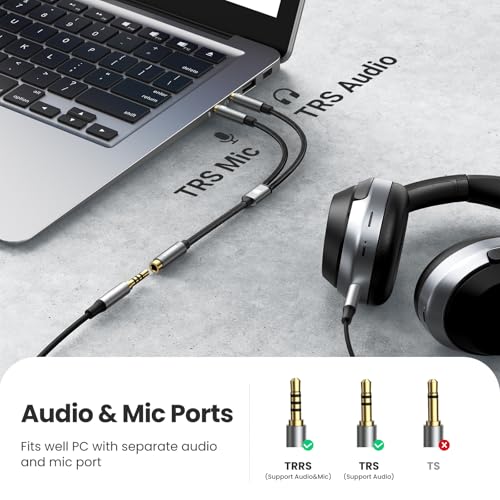 UGREEN Headphone Splitter for Computer 3.5mm Female to 2 Dual 3.5mm Male | Gaming Headset to PC Adapter, Braided Audio Cable, For Laptop with Separate Audio and Mic, Stereo Jack Earphones Port Y Cord
