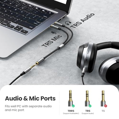 UGREEN Headphone Splitter for Computer 3.5mm Female to 2 Dual 3.5mm Male | Gaming Headset to PC Adapter, Braided Audio Cable, For Laptop with Separate Audio and Mic, Stereo Jack Earphones Port Y Cord
