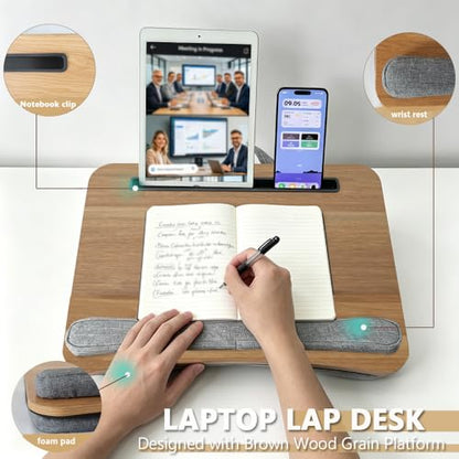 Lap Desk for Bed, Fits 14–17 Inch Laptops | Soft padded suhion,built-in pen slot,compact for bed,couch & travel use - color: Light Wood Color