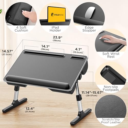 FoldWise 2-in-1 Bed & Lap Desk with Soft Cushion, Adjustable Height & Angle | Wrist Rest, Leather, iPad Holder & Stopper - Foldable Laptop Stand for Bed & Couch, Portable Bed Table Tray for Adults & Kids - color: Black