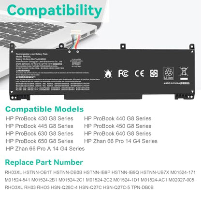 11.4V 45Wh RH03XL M02027-005 M01524-1D1 Laptop Battery for HP ProBook 430 440 445 450 630 640 650 G8 Series HSTNN-IB9Q HSTNN-OB1T HSTNN-DB0B HSTNN-UB7X M01524-2B1 M01524-AC1 (short style) - size: 9.8*2.99*0.24inch RH03XL