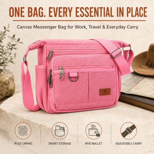 Rfid Crossbody Messenger Bag with Water Bottle Holders, 13 inch Laptop Shoulder Bag, Sling Satchel Purse w/Built-in Wallet - color: Pink