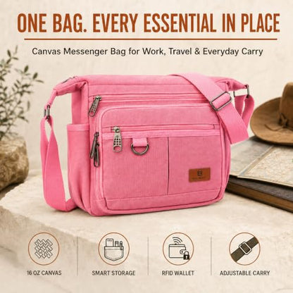 Rfid Crossbody Messenger Bag with Water Bottle Holders, 13 inch Laptop Shoulder Bag, Sling Satchel Purse w/Built-in Wallet - color: Pink