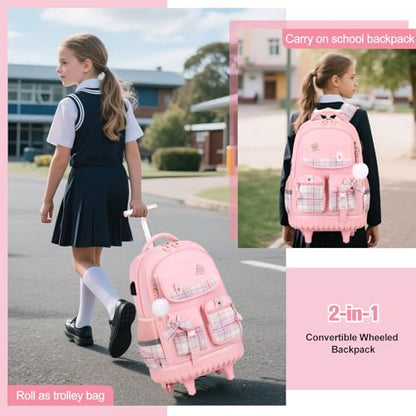 ACESAK Rolling Backpack for Girls - Roller Wheels School bag with Lunch Bag & Pencil Pouch for Teen Girls Kids Wheeled Suitcase Backpacks, Elementary Middle School Travel Daypack (Pink) - color: Pink