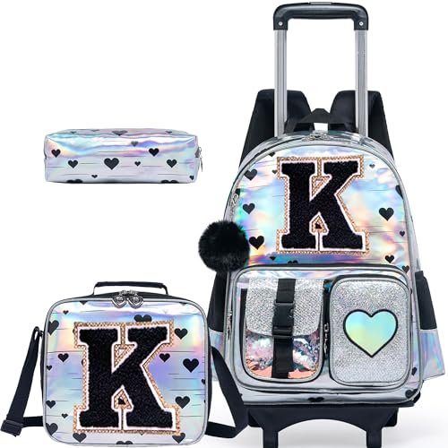 HTgroce Cute Rolling Backpack with Wheel,School Backpack for Kids Girl Roller Schoolbag Wheeled Backpacks Set Carry-on Luggage,Initial K - color: Silver, style: K