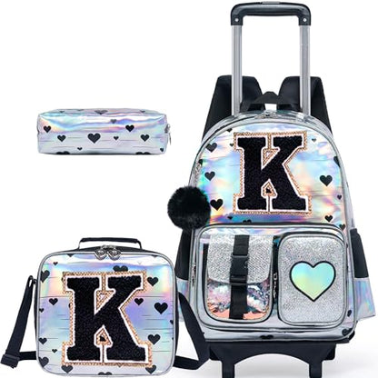 HTgroce Cute Rolling Backpack with Wheel,School Backpack for Kids Girl Roller Schoolbag Wheeled Backpacks Set Carry-on Luggage,Initial K - color: Silver, style: K