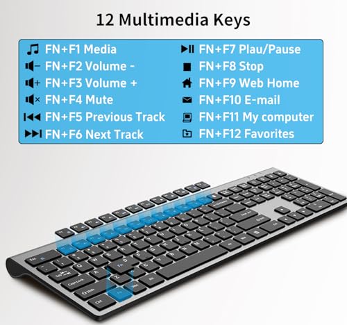 Full Size Slim Computer Keyboard and Mouse Wireless with 2.4Ghz Dongle | Silent Flat Keyboard and Optical Mouse, Sleek Design, Quiet Click, Invisible Light Design, for Laptop PC Desktop Windows Mac - color: KM480-Gray&Black