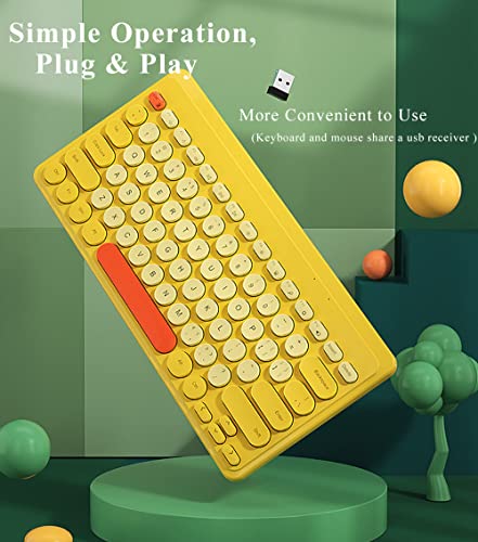 Compact Keyboard MouseCombo,JieruiDeng 79-Key Retro Mini Cute Computer Keyboard 2.4G USB Wireless and Silent Mice Set for Laptop Desktop PC iPad (Yellow) - color: Yellow