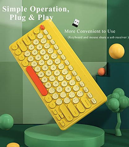 Compact Keyboard MouseCombo,JieruiDeng 79-Key Retro Mini Cute Computer Keyboard 2.4G USB Wireless and Silent Mice Set for Laptop Desktop PC iPad (Yellow) - color: Yellow