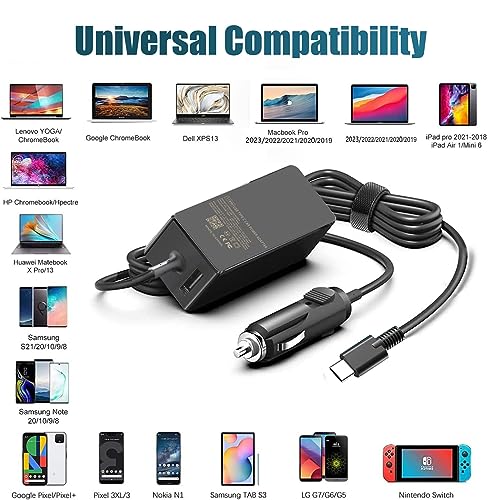 100W USB C Laptop Car Charger for Dell Latitude/Dell XPS, Lenovo Thinkpad/Yoga/IdeaPad, MacBook Pro/Air, HP Spectre/Elitebook, LG Gram, Samsung Acer Asus Chromebook Charger