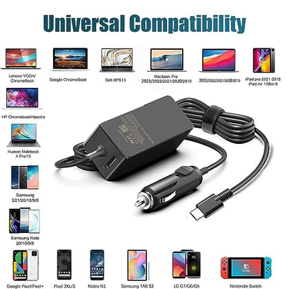 100W USB C Laptop Car Charger for Dell Latitude/Dell XPS, Lenovo Thinkpad/Yoga/IdeaPad, MacBook Pro/Air, HP Spectre/Elitebook, LG Gram, Samsung Acer Asus Chromebook Charger