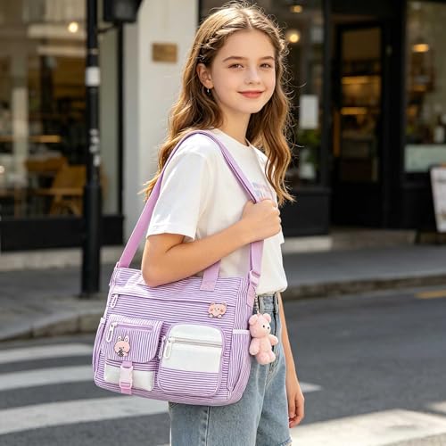 Phaoullzon Cute Messenger Bag Kawaii Crossbody Purse for Teen Shoulder Tote | Gifts for Girls/ Women, Nylon Japanese College Satchel Travel Work Gym Handbag - color: Stripes Purple, style: Medium