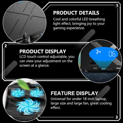 ibasenice RGB Laptop Cooling Pad with Touch Control, Height Adjustable Alloy Stand, Ventilated Support for Gaming Laptops, Quiet Fan with Colorful Lighting and 7-Angle Adjustment