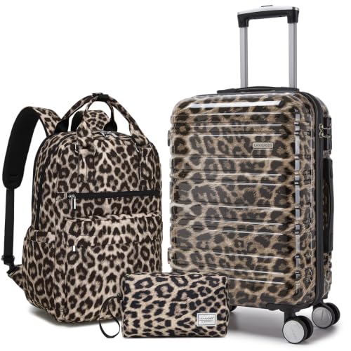 LARVENDER Carry on Luggage Sets 3 Piece, 20" Suitcase with Wheels, Cheetah | 22x14x9 Airline Approved, Lightweight PC+ABS Leopard Prints Shell, Smooth 360° Wheels, TSA Lock, 3-Piece Set with Backpack - color: Cheetah-20BP, size: 3 Piece Set (Backpack/TB/2