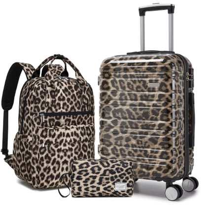 LARVENDER Carry on Luggage Sets 3 Piece, 20" Suitcase with Wheels, Cheetah | 22x14x9 Airline Approved, Lightweight PC+ABS Leopard Prints Shell, Smooth 360° Wheels, TSA Lock, 3-Piece Set with Backpack - color: Cheetah-20BP, size: 3 Piece Set (Backpack/TB/2