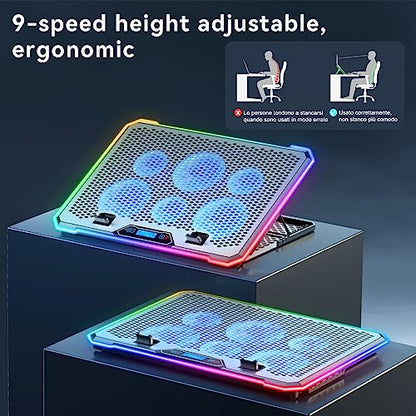 KYOLLY Aluminum Alloy RGB Gaming Laptop Cooler with 6 Fans and LCD Screen - 10 RGB Modes Memory Function, 4 USB Ports 3.0 and 2.0 Hub, 9 Height Adjustable for 10 to 21 Inch Laptops on Desk or Lap