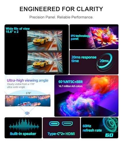 LB D16 Portable Dual Monitor 15.6 Inch 1080P FHD IPS Stacked Double Screen USB-C Mini HDMI Dual Display with Gravity Sensor HDR for Coding Stock Trading Office - size: D16 (Dual 15.6")