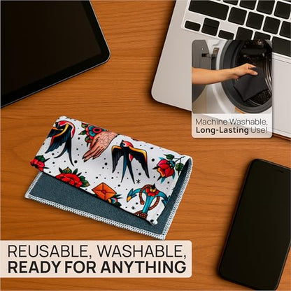 Microfiber Wholesale Quick Cloth Glasses Cleaning Cloths 5x7 Tattoo 2-Pack | with Case | Double-Sided Lens Cleaner for Eyeglasses, Camera, Screens & Glass | Reusable Microfiber Glass Polishing Cloths - color: Tattoos, size: 5"x7"