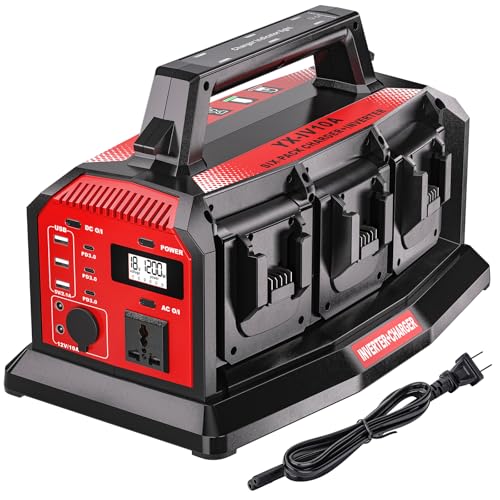 1200W Power Inverter & 6A Rapid Charger for Milwaukee 18V Battery 6-Port DC to AC 110V Converter, 12V Car Socket,3 USB-A/C, LED Light for Camping, Travel, Emergencies