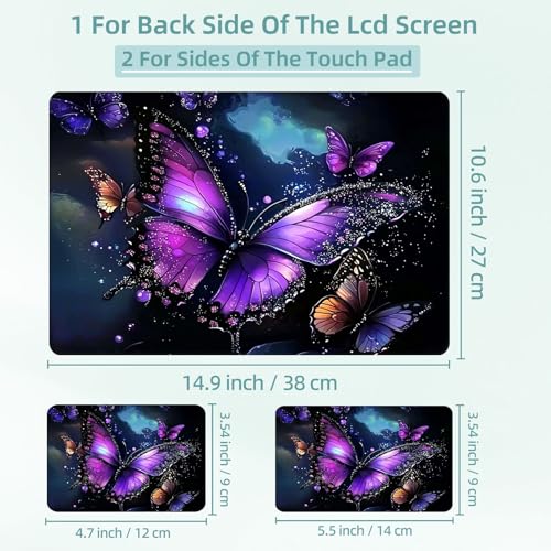 Universal Laptop Skin Decal, 3-Piece Vinyl Protector for 12 13 14 15.6" Notebook, Waterproof Anti-Scratch, Easy Trim & Bubble-Free Finish, Purple Butterfly with Glittering - color: Purple Butterfly with Glittering