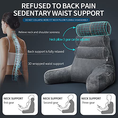 Reading Pillow for Adults Sitting‑Up in Bed, Backrest with Arms | Detachable Neck‑Cushion; Shredded Memory‑Foam; Side Pockets; Washable Velvet Cover; Gaming & TV, Sofa Use - color: Grey