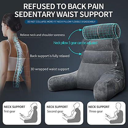 Reading Pillow for Adults Sitting‑Up in Bed, Backrest with Arms | Detachable Neck‑Cushion; Shredded Memory‑Foam; Side Pockets; Washable Velvet Cover; Gaming & TV, Sofa Use - color: Grey