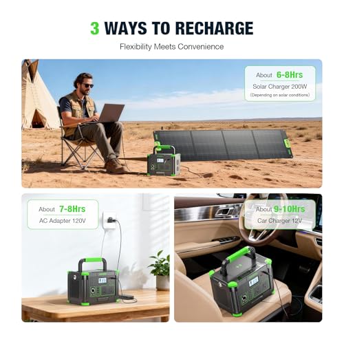 1000W Portable Power Station & 200W Foldable Solar Panel Generator Kit | Pure sine wave AC, PD 60W USB-C, wireless charge, SOS light, triple charging for camping RV blackout backup - color: Dark Green