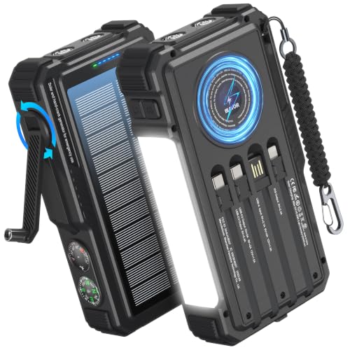 BLAVOR Solar Power Bank with Hand Crank and 4 Cables, 20000mAh Wireless Portable Charger with USB C & Camping Light, 20W Fast Charging Battery Pack for iPhone, iPad, Samsung, All Mobile Phones - color: Black