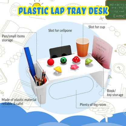 Leinuosen 6 Pcs Kids Lap Desk Tray with Storage Plastic Breakfast Laptop Trays with Side Pockets and Slot Portable Lap Bed Table for Writing Eating Game Classroom Snacks Boy Girl (White) - color: White