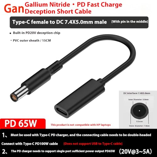 100W PD Power Charger Tip USB C to Slim Laptop Charging Cable Adapter Converter for Dell Laptop 18-20V (Dedicated for Dell (for 45W/65W/90W Power), 7.4mm Large Head) - size: 7.4mm large head