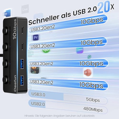 Qeefun 4-Port USB 3.2 Hub with 2 USB-C and 2 USB-A Ports, Individual LED Power Switches,10Gbps Data Transfer USB Splitter with 4ft Extension Cable, Multiple USB Extender for Laptop, PC, iMac etc - style: A to 2A+2c 3.2