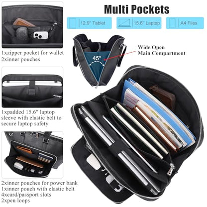 Masa Kawa Black Leather Slim Briefcase for Men Women Fits 15.6-16 Inch Laptop Professional Business Messenger Crossbody Shouder Bag Lawyer Ladies Office Work Brief Attche Case, Large
