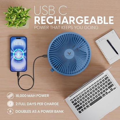 VENTY Portable Fan - Wireless Battery Operated Fan - 4 Speeds - LED Lighting - Carry Case & Remote Control - Cruise Travel - Outdoor Travel RV Power Bank With USB-C Port (Blue with Case) - color: Blue