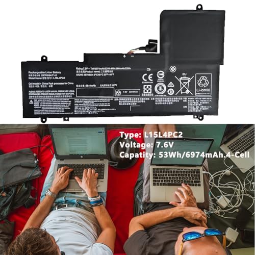 L15L4PC2 L15M4PC2 Laptop Battery Replacement for Ideapad Yoga 710-14IKB 710-14ISK 710-15IKB 710-15ISK Series Notebook 5B10K90802 5B10K90778 7.6V 53Wh 6974mAh 4-Cell - size: 10.04×3.62×0.28 in L15L4PC2