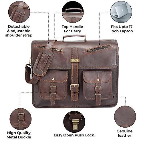 Leather Messenger Bag for Men and Women 18 Inch | Best Laptop Briefcase Satchel Computer Bag with Adjustable Strap - color: Brown
