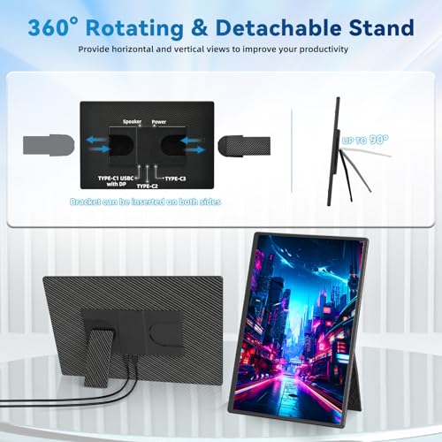 Portable Monitor 16" 1200P FHD Laptop Screen Extender, Horizontal Vertical Monitors with Detachable Kickstand, Built-in Speakers, Plug & Play Computer Gaming Travel Monitor for Wins Mac Chrome Phone - style: 16" Monitor-3N