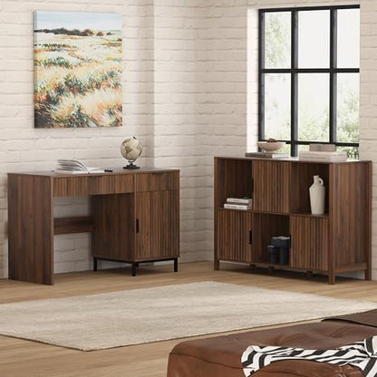 47" Fluted Executive Desk, Modern Wood Home Office Desk with Charging Station, Drawer & Cabinet, Computer Writing Desk for Work Study, Brown - color: Brown