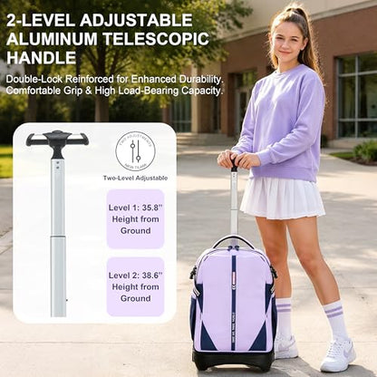 NEW TILAMI 18 Inch Expandable Rolling Backpack Stair-Climbing for School | 6-Wheel Stair-Climbing Girls Boys Carry-on Suitcase 15.6 Laptop Sleeve Water-Resistant Adjustable Handle Wheel Travel Camping - color: Purple
