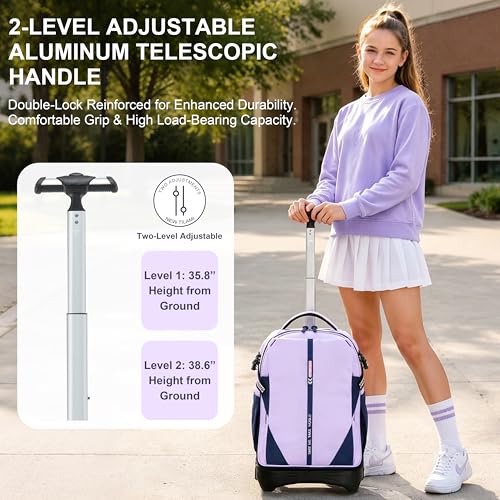 NEW TILAMI 18 Inch Expandable Rolling Backpack Stair-Climbing for School | 6-Wheel Stair-Climbing Girls Boys Carry-on Suitcase 15.6 Laptop Sleeve Water-Resistant Adjustable Handle Wheel Travel Camping - color: Purple