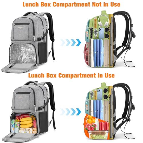 Insulated Lunch Backpack Fit 17" Laptop with Cooler Compartment | 2 In 1 Work Backpack with Lunch Box, Lunch Compartment, Water-Resistant, Lightweight, College Couputer Bag, Men & Women - color: Gray