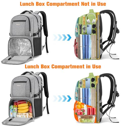 Insulated Lunch Backpack Fit 17" Laptop with Cooler Compartment | 2 In 1 Work Backpack with Lunch Box, Lunch Compartment, Water-Resistant, Lightweight, College Couputer Bag, Men & Women - color: Gray